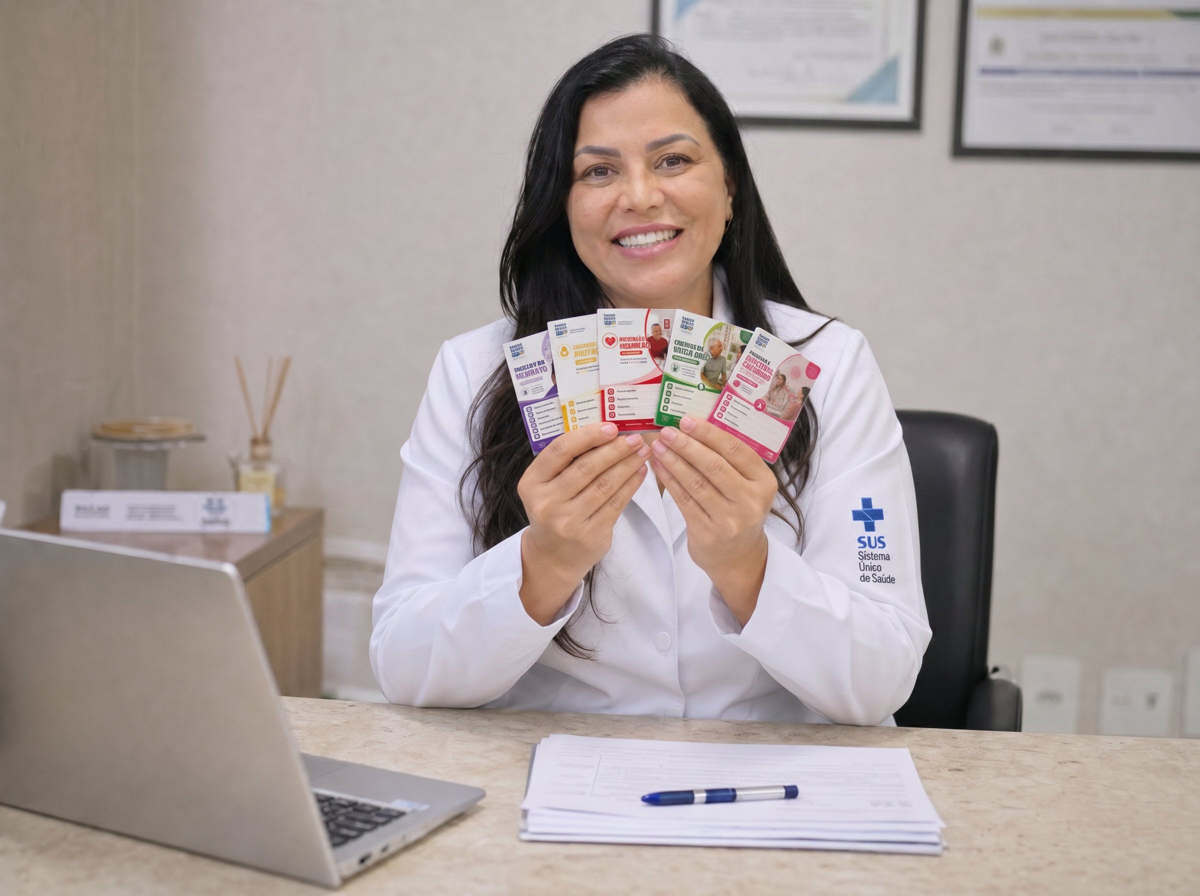 Enfermeira segurando as 6 carteirinhas do Kit Saúde Brasil 360